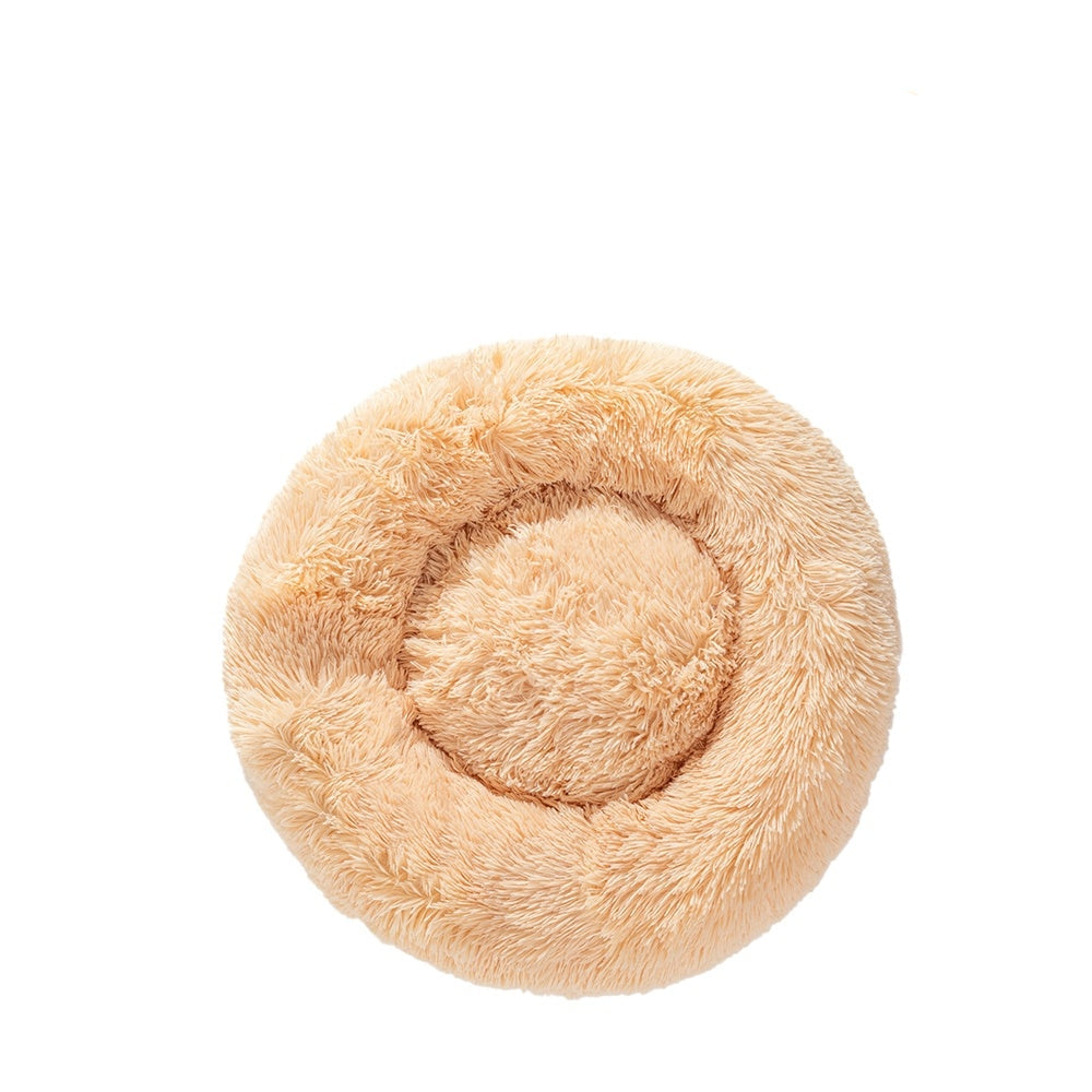 Coussin donut apaisant MonPachaTech en fausse fourrure beige ultra-moelleuse pour le confort des chats et chiens