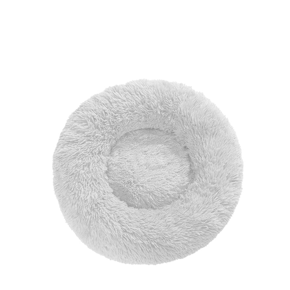 Panier donut apaisant MonPachaTech en fausse fourrure blanche ultra-douce pour le confort des chats et chiens
