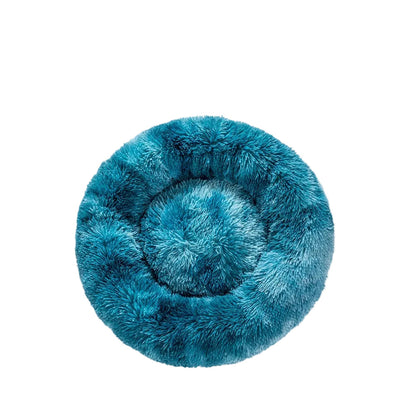 Panier donut apaisant MonPachaTech bleu en fausse fourrure ultra-moelleuse pour le confort des chats et chiens