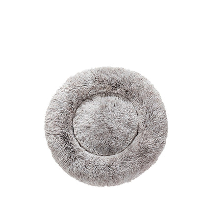 Panier donut apaisant MonPachaTech en fausse fourrure grise ultra-moelleuse pour le confort des chats et chiens