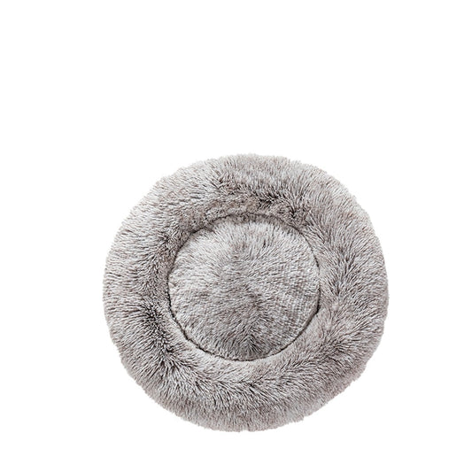 Panier donut apaisant MonPachaTech en fausse fourrure grise ultra-moelleuse pour le confort des chats et chiens