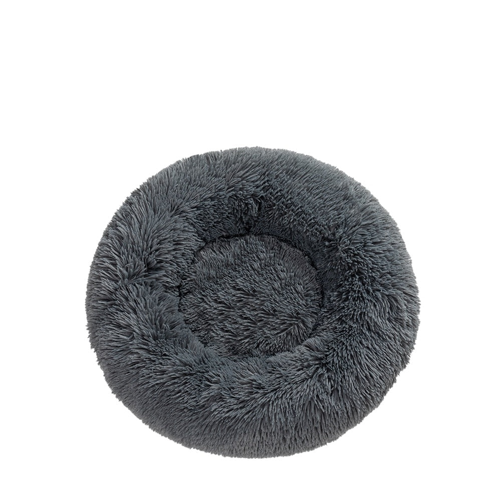Panier donut apaisant MonPachaTech en fausse fourrure grise ultra-moelleuse pour le confort des chats et chiens