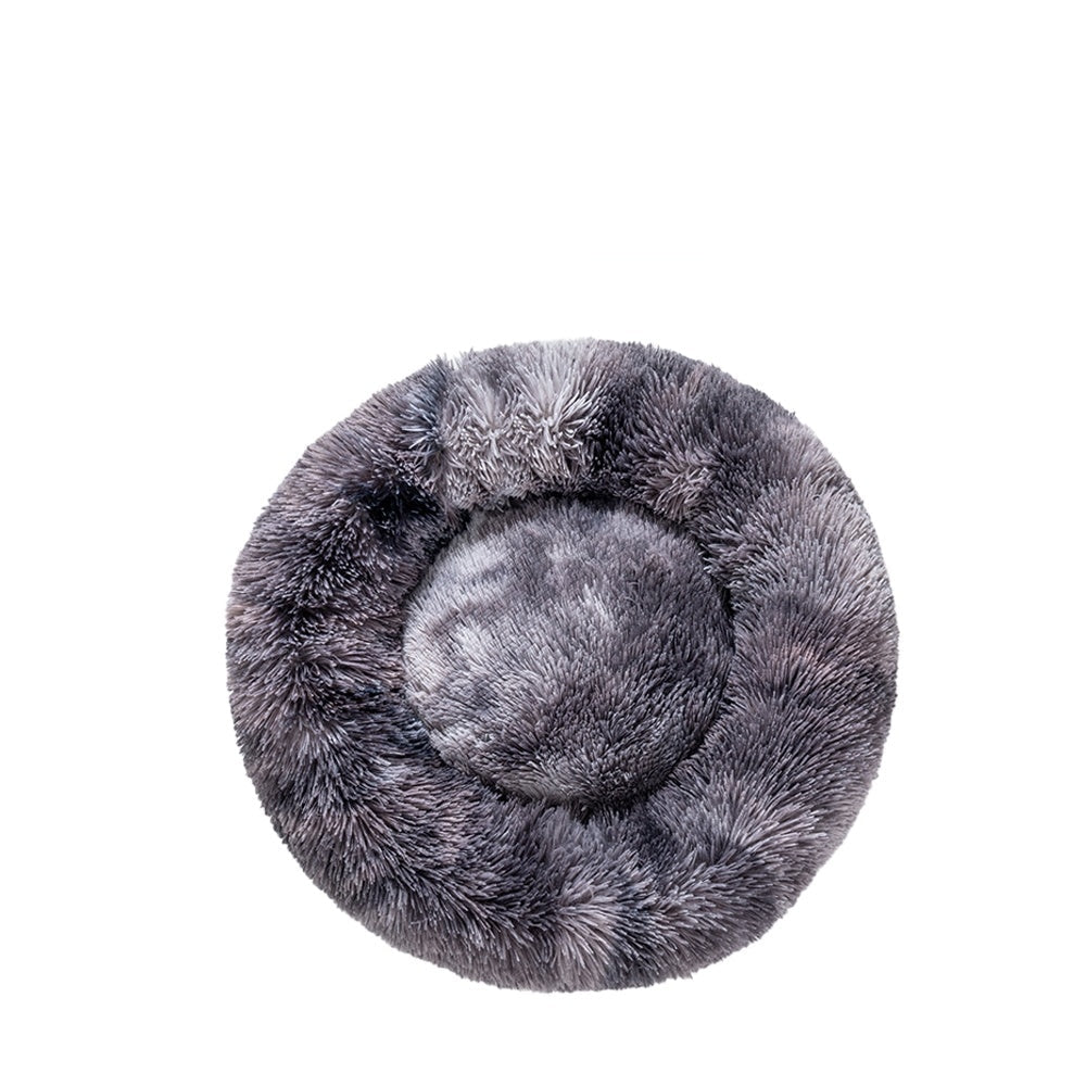 Coussin donut apaisant MonPachaTech gris en fausse fourrure douce pour le confort et la relaxation de votre animal