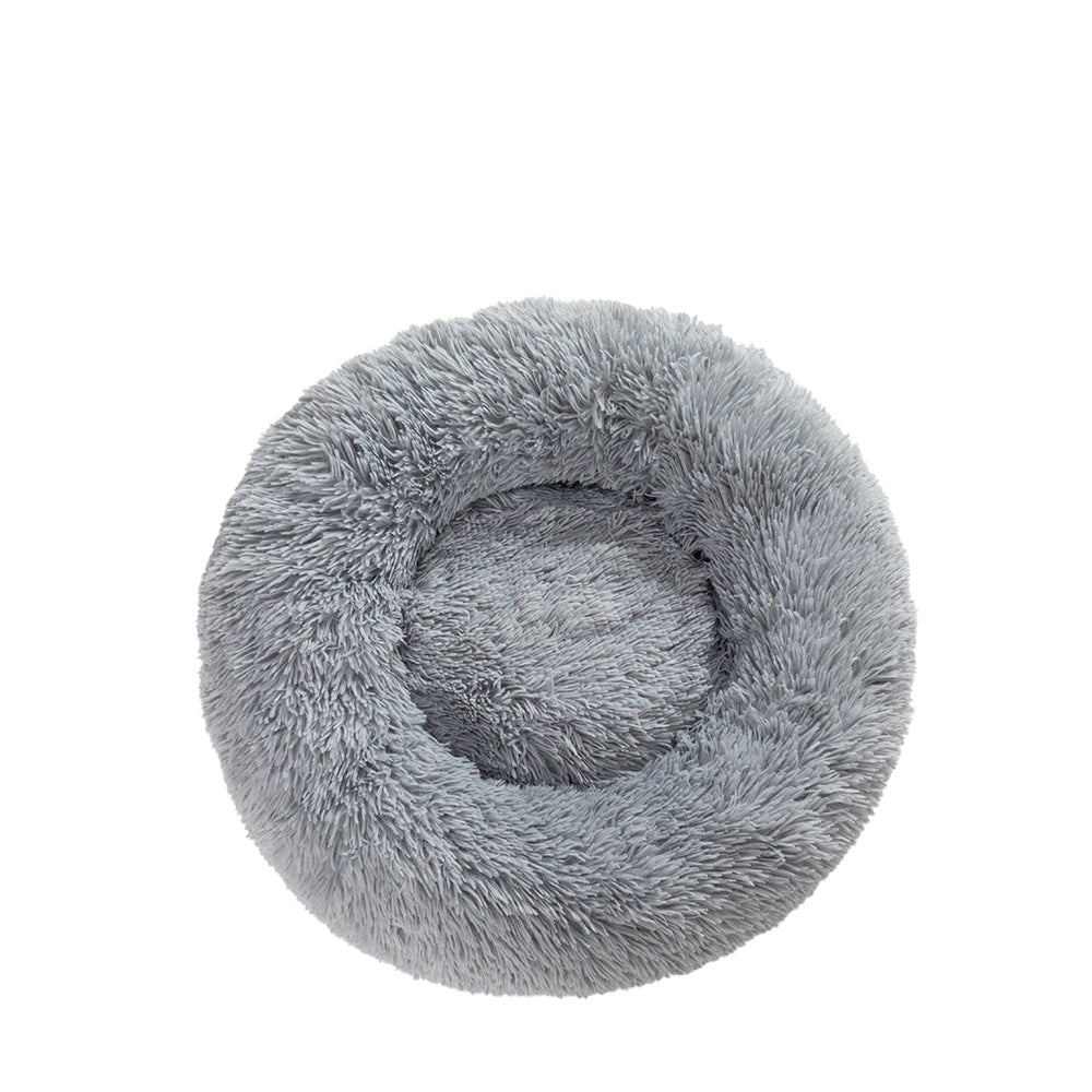 Panier donut apaisant MonPachaTech gris en fausse fourrure moelleuse pour chat et chien