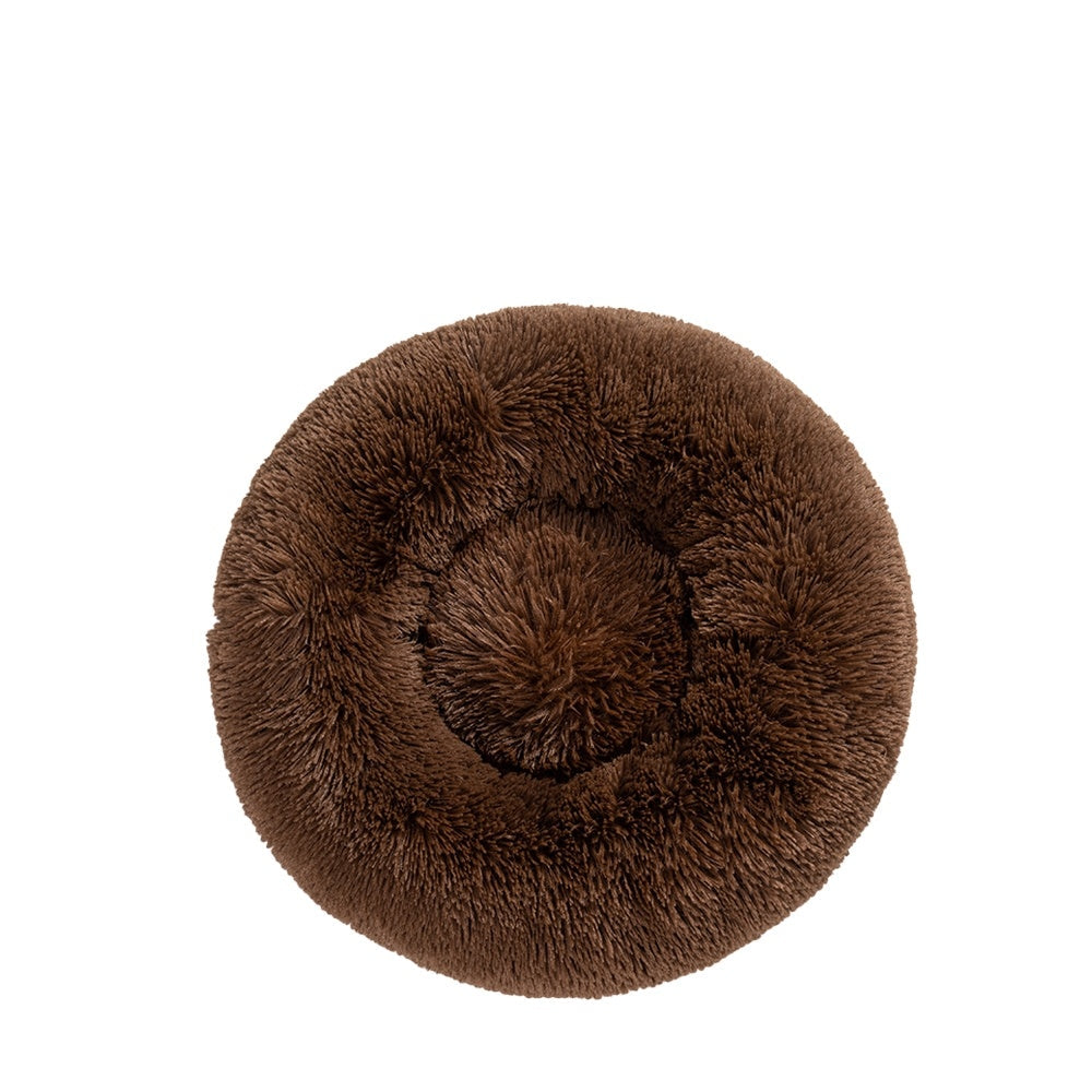 Panier donut MonPachaTech marron en fausse fourrure ultra-moelleuse pour le confort et l'apaisement des animaux