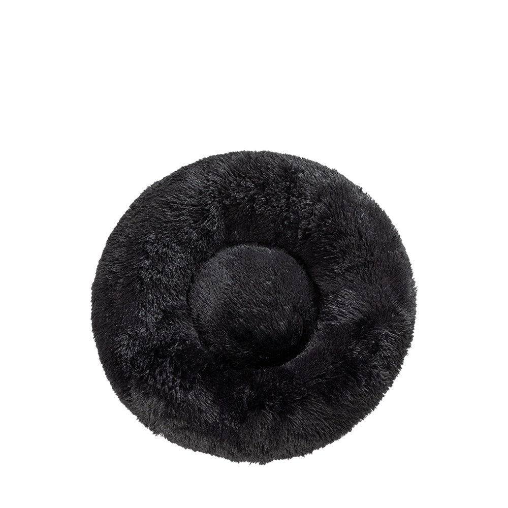 Panier MonPachaTech en forme de donut noir en fausse fourrure ultra-moelleuse pour le confort des chiens et chats