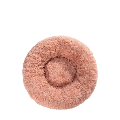 Panier donut apaisant MonPachaTech rose en fausse fourrure moelleuse pour le confort des chiens et chats