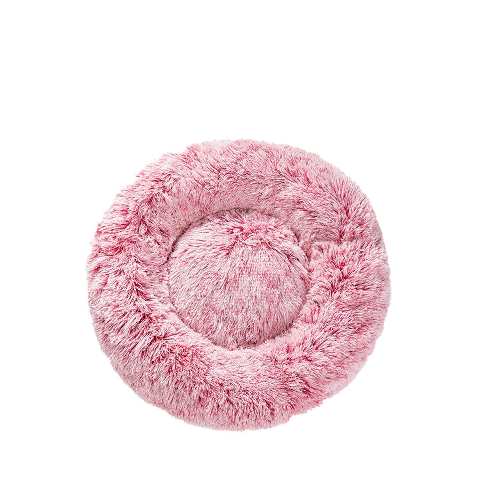 Coussin donut apaisant MonPachaTech rose en fausse fourrure ultra-moelleuse pour chat et chien