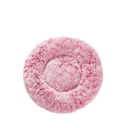 Coussin donut apaisant MonPachaTech rose en fausse fourrure ultra-moelleuse pour chat et chien