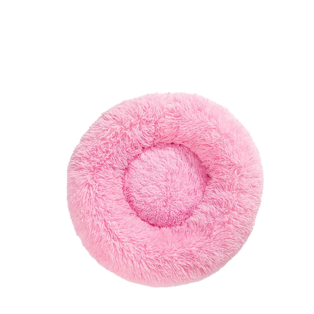 Panier donut apaisant rose en fausse fourrure moelleuse pour chat et chien par MonPachaTech