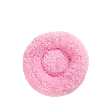 Panier donut apaisant rose en fausse fourrure moelleuse pour chat et chien par MonPachaTech
