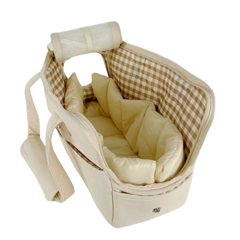 Sac de transport bandoulière MonPachaTech beige avec intérieur à carreaux pour petit chien ou chat