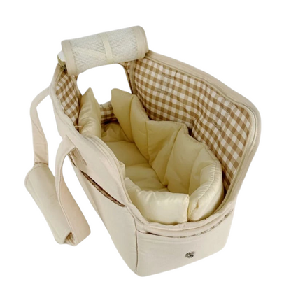 Sac de transport bandoulière MonPachaTech beige avec intérieur à carreaux pour petit chien ou chat