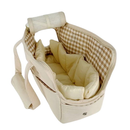 Sac de transport bandoulière MonPachaTech beige avec intérieur à carreaux pour petit chien ou chat