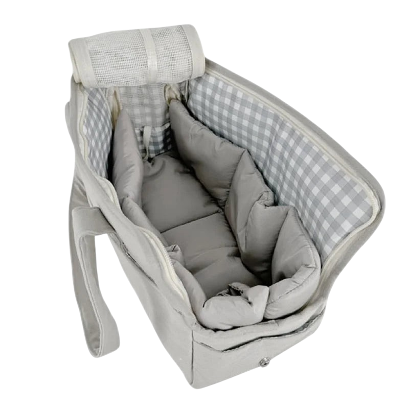 Sac de transport bandoulière MonPachaTech gris avec intérieur rembourré à carreaux pour petit chien ou chat