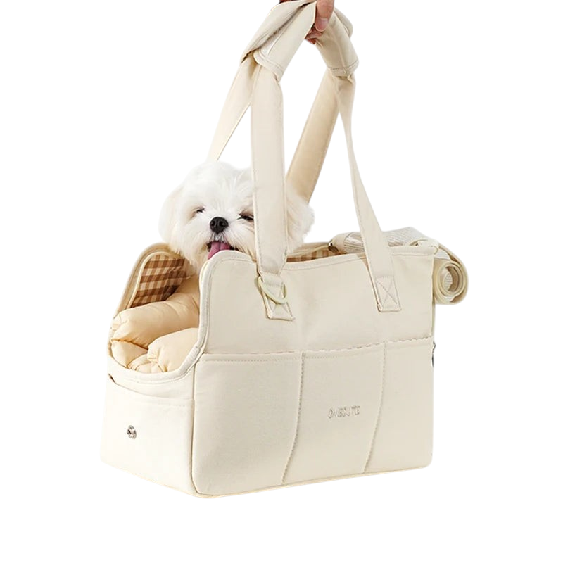 Sac de transport bandoulière MonPachaTech beige pour petit chien avec intérieur à carreaux et coussin confortable