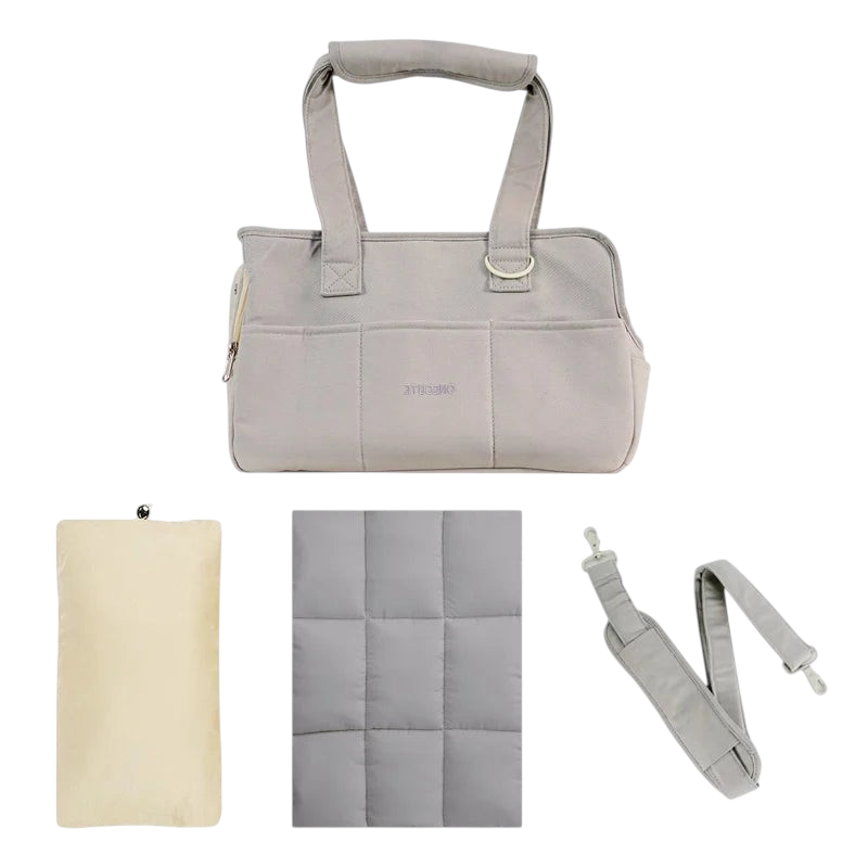 Sac de transport bandoulière MonPachaTech gris pour petit chien ou chat avec tapis et sangle réglable inclus